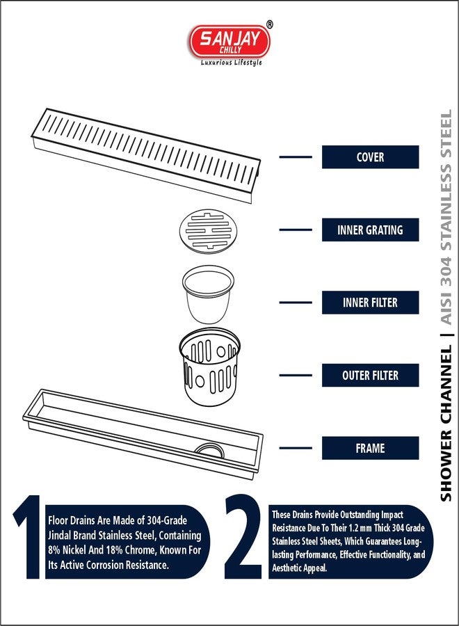 SANJAY CHILLY Classic Shower Channel Drainer Colour Collection Floor Drain with Cockroach Trap & Collar SS 304 Grade Washroom Gratings Drain Strainer (Brushed Bronze 24 x 4 INCH Side Hole) - Image 4